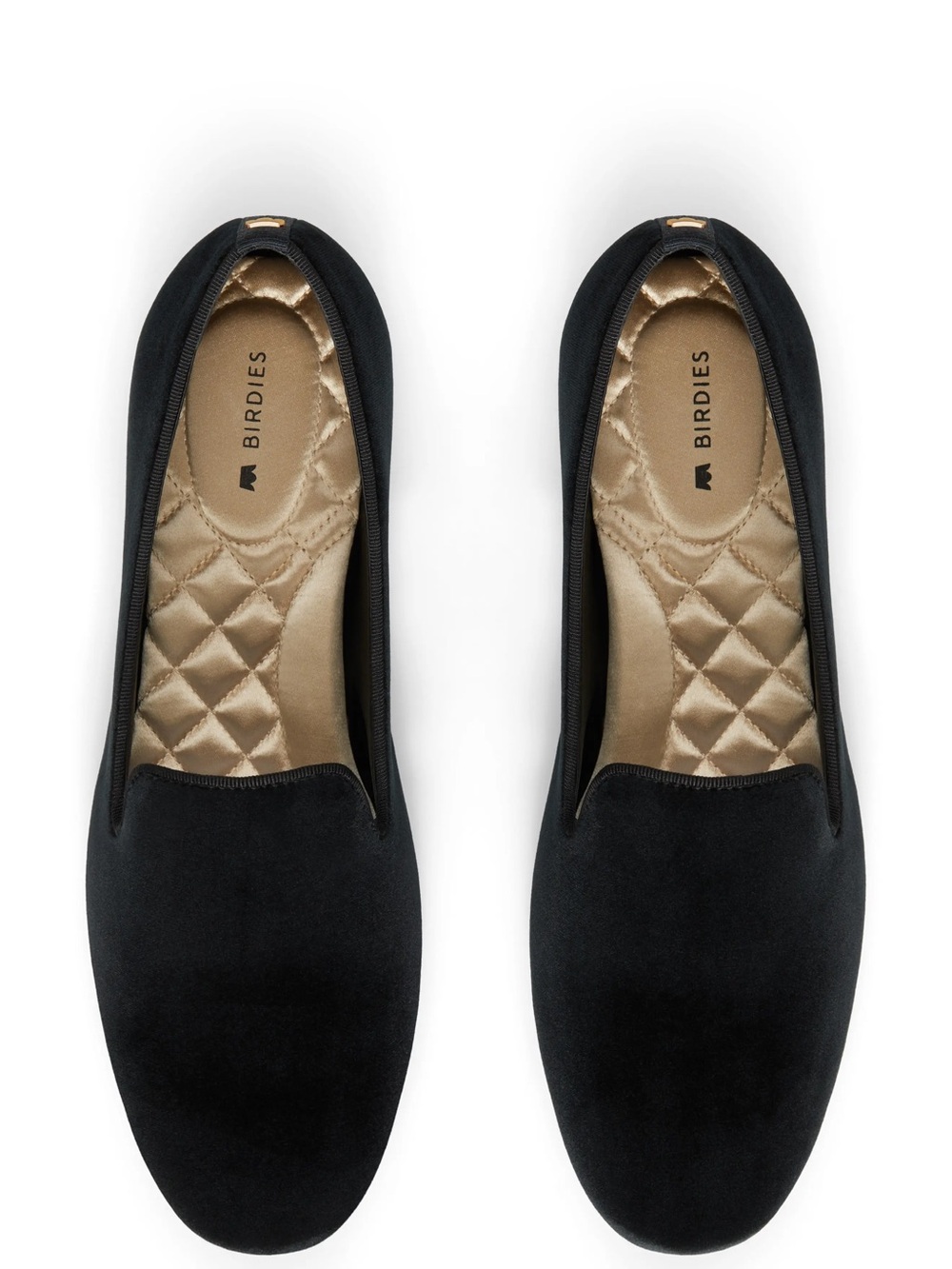 Birdies Black Slip-On Velvet Loafers with Gold Quilted Insole